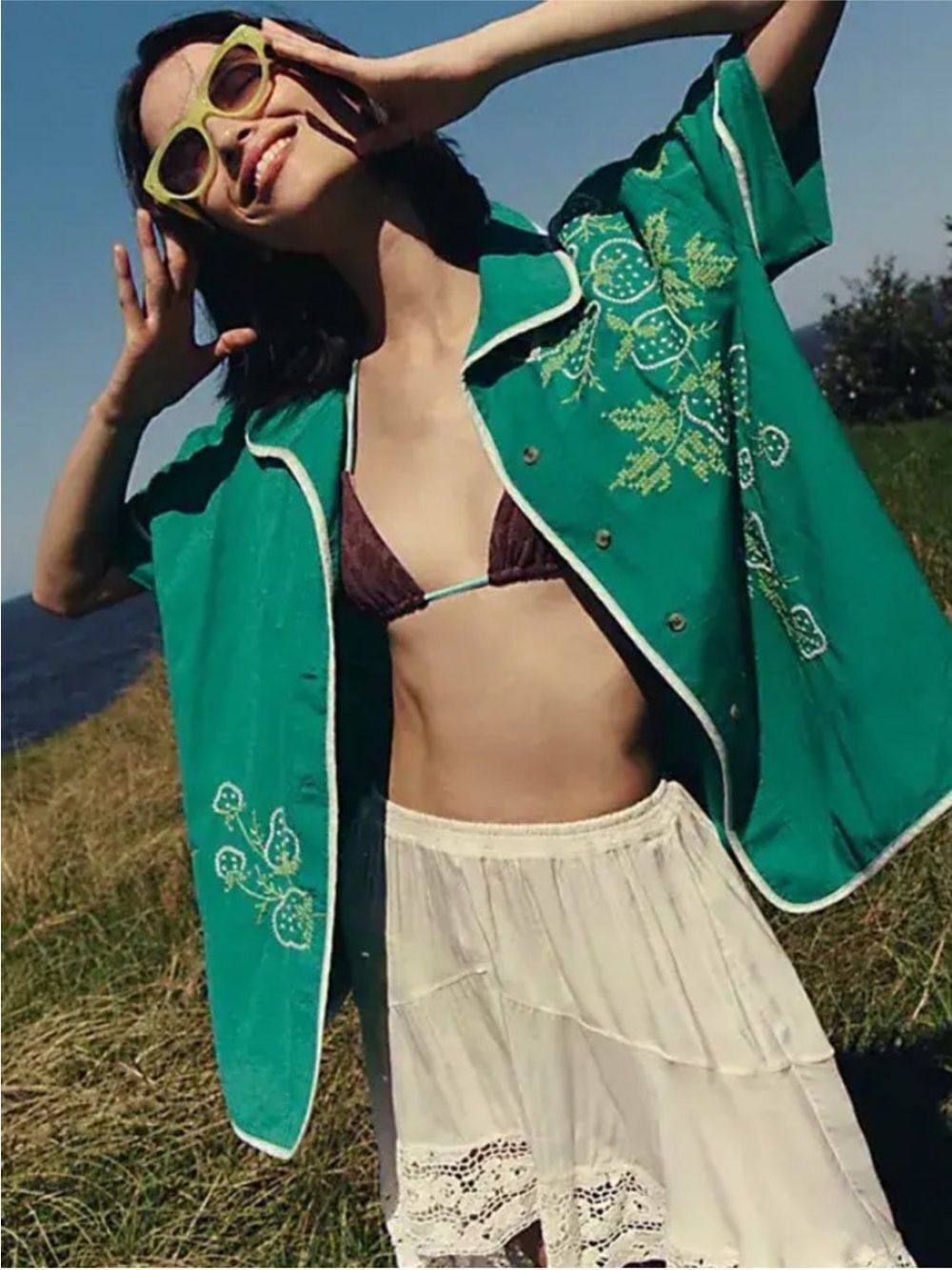 🍋 Free People We The Free Strawberry Shirt Green Linen Button Down embroidered
